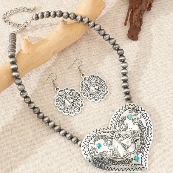 3pcs/set Rodeo Western Heart Shape Horse Head Pattern Pendant Earrings Necklace - Picture 3 of 4